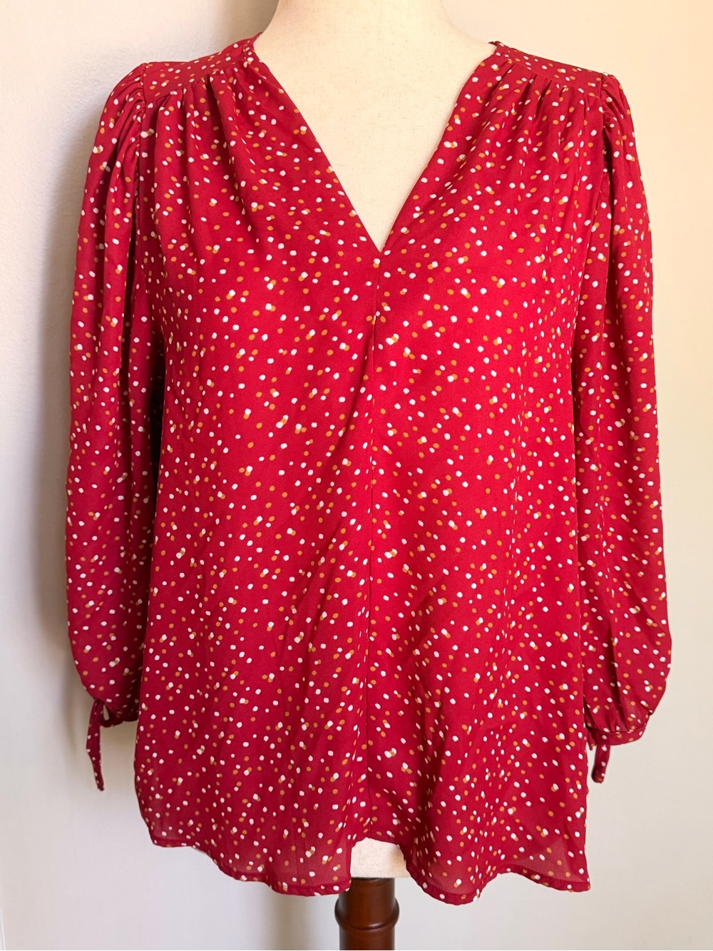Olivia Grey XL Red Polka Dot Print V Neck Tie Sleeve Blouse Boho Top